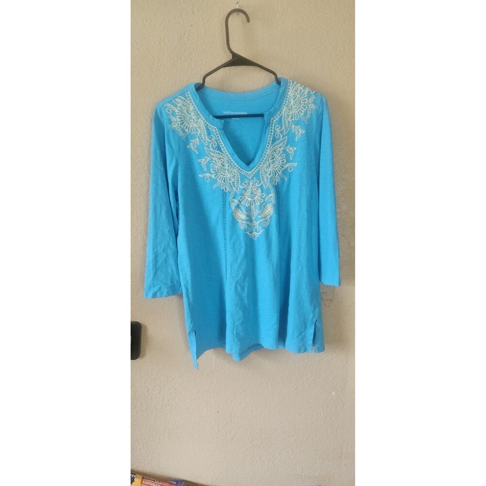 Soft Surroundings Embroidered Tunic Sz M Teal Green Soft Cotton